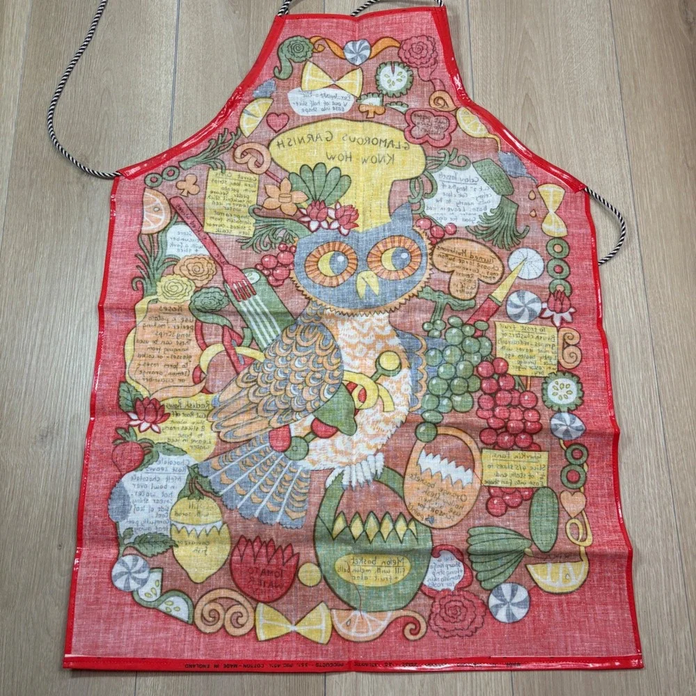 Vintage Erika Glamorous Garnish Know-How Owl Apron Red Retro Kitsch Wipeable